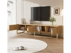 Móvel TV com 4 portas, puxadores e pés em metal dourado, acabamento em madeira natural clara - 180x40x40cm