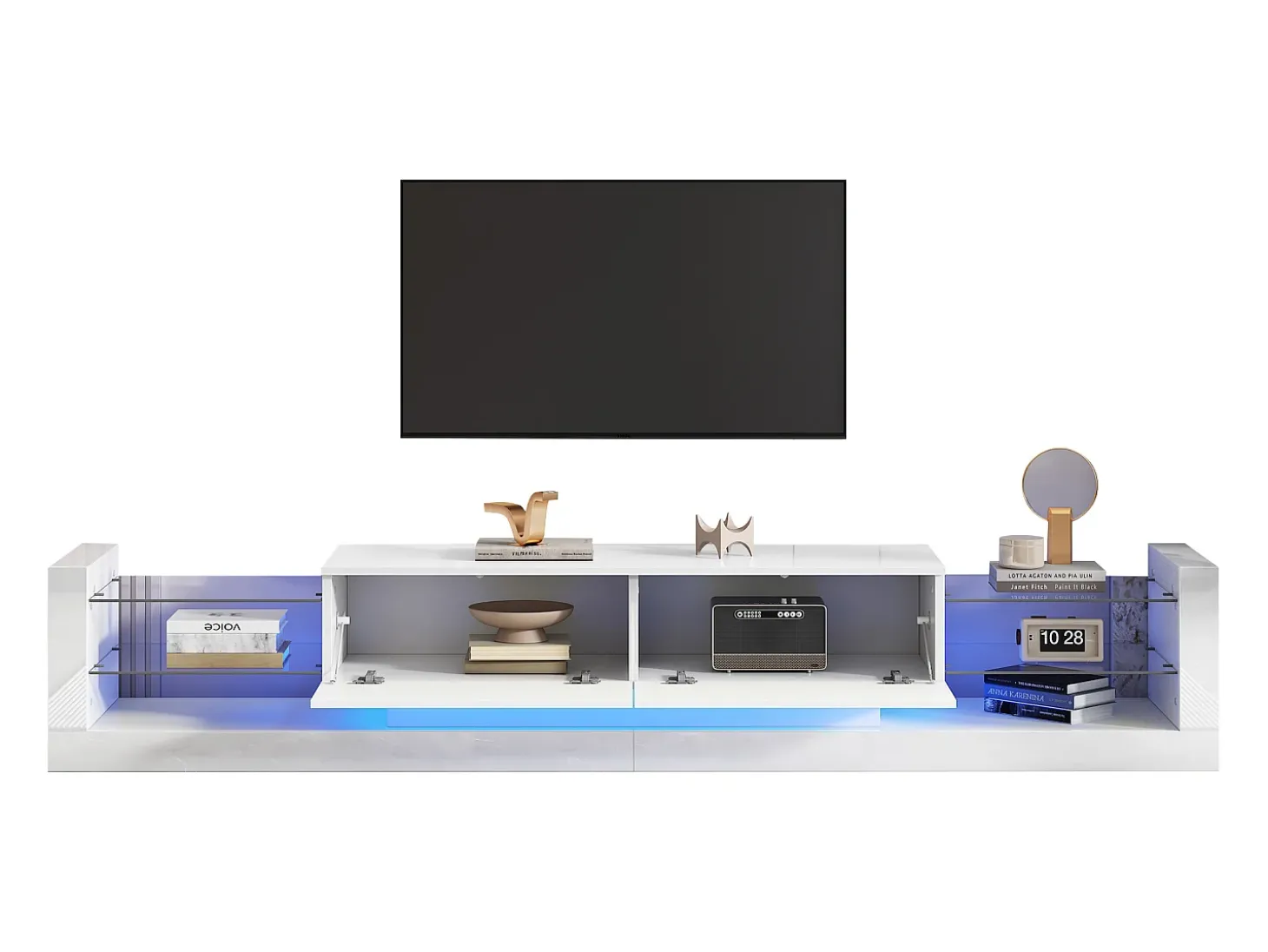 Móvel TV com LED - 2 compartimentos rebatíveis e prateleiras em vidro - Branco