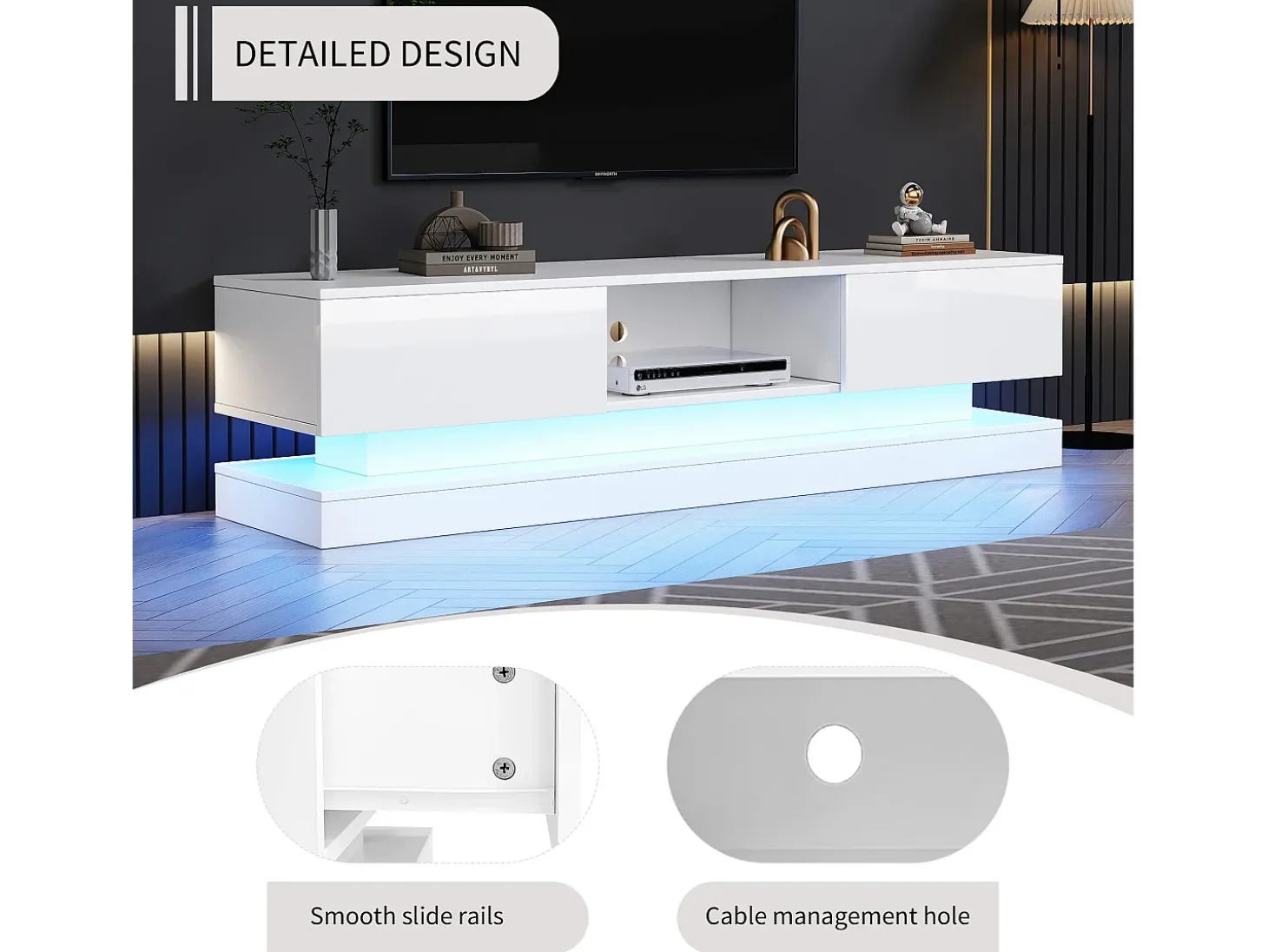 Móvel TV com LED 160cm - 2 gavetas e 1 compartimento aberto - adequado para TV 60" - Branco