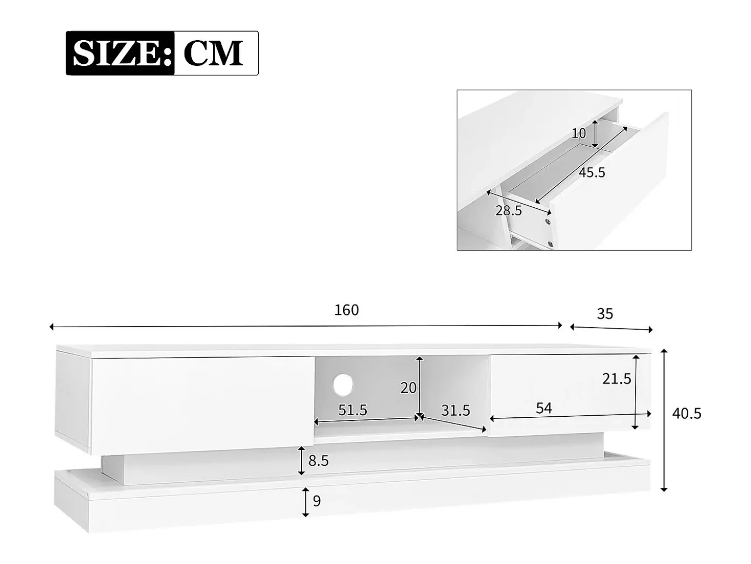 Móvel TV com LED 160cm - 2 gavetas e 1 compartimento aberto - adequado para TV 60" - Branco