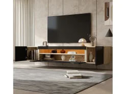Móvel TV de parede 180x37x36cm com LED, 3 portas, corpo em folheado de madeira natural e lacado preto brilhante