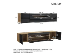 Móvel TV de parede 180x37x36cm com LED, 3 portas, corpo em folheado de madeira natural e lacado preto brilhante