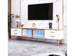 Móvel TV escandinavo 170cm com LED - 4 gavetas - folheado com padrão mármore - Branco