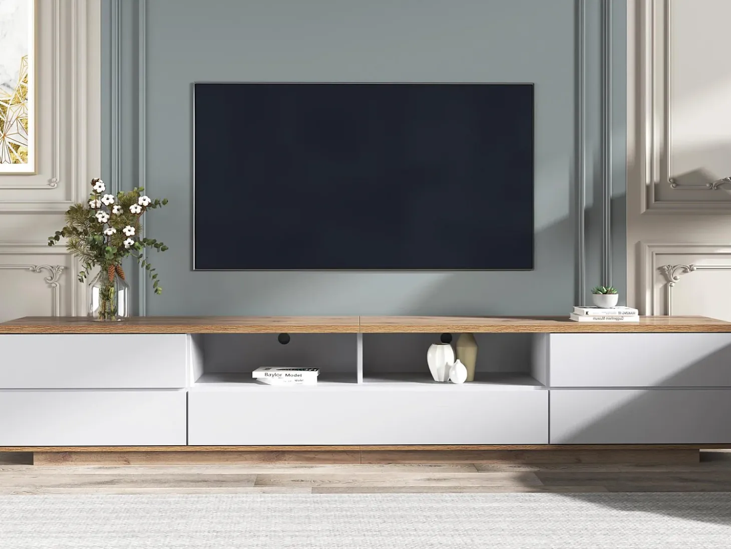 Móvel TV escandinavo contemporâneo 180 cm em madeira - 5 portas + 8 compartimentos - Natural e Branco