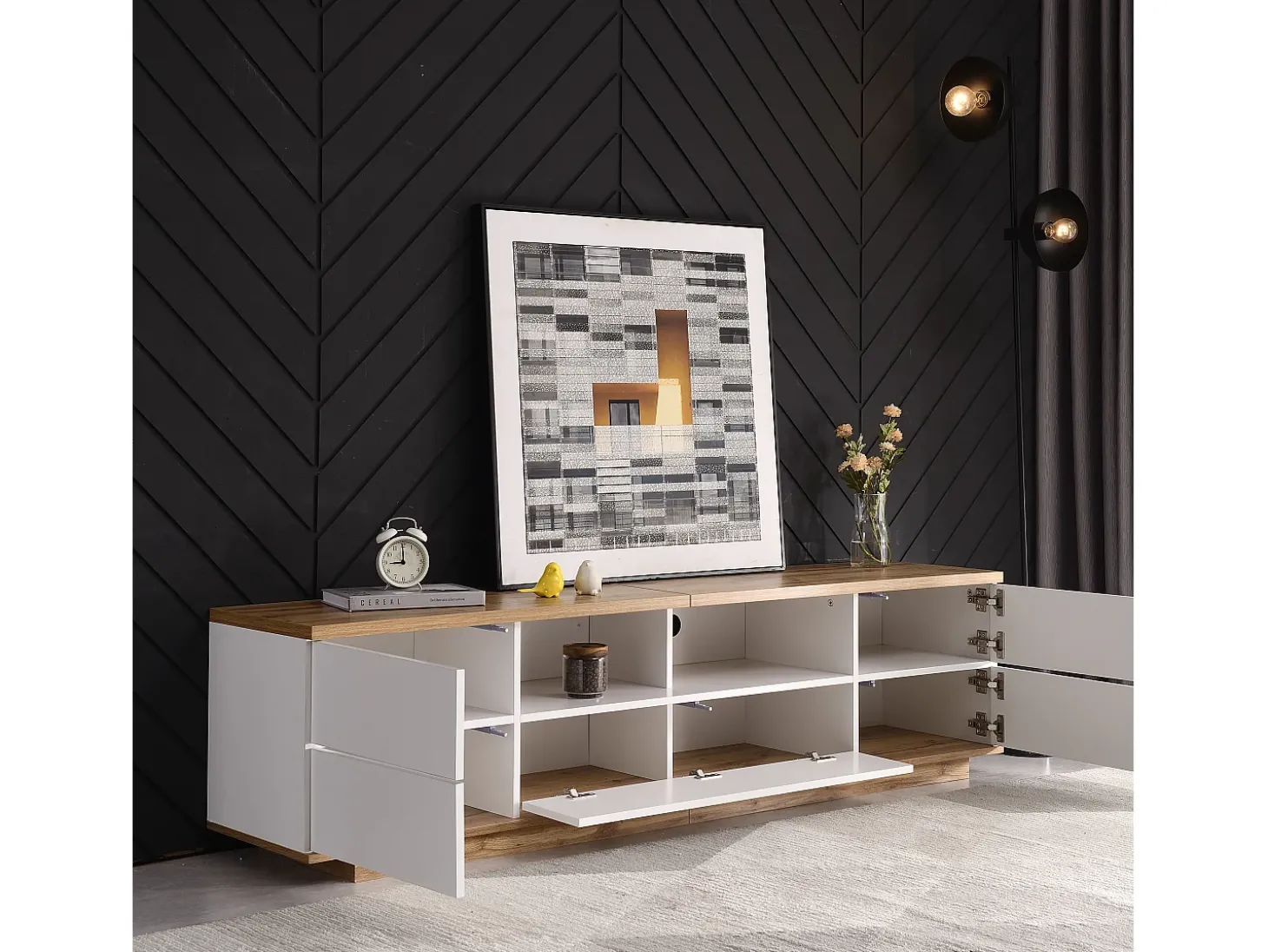 Móvel TV escandinavo contemporâneo 180 cm em madeira - 5 portas + 8 compartimentos - Natural e Branco
