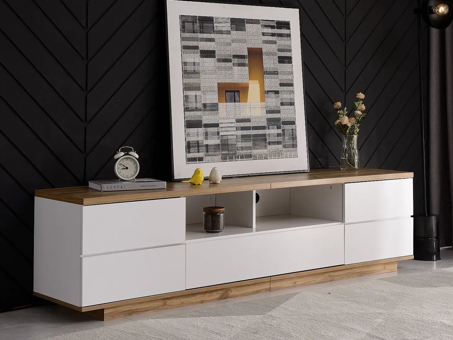 Móvel TV escandinavo contemporâneo 180 cm em madeira - 5 portas + 8 compartimentos - Natural e Branco