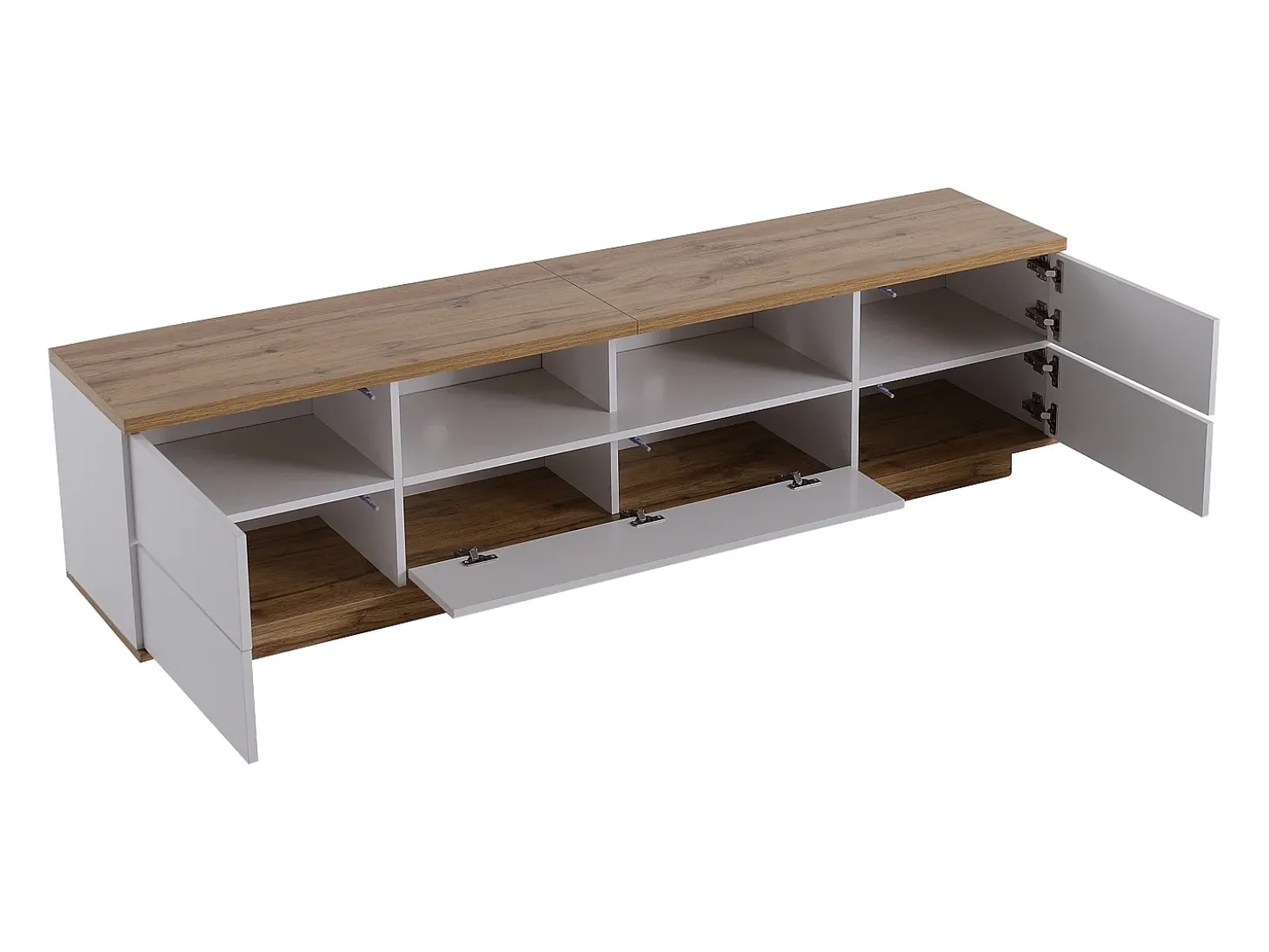 Móvel TV escandinavo contemporâneo 180 cm em madeira - 5 portas + 8 compartimentos - Natural e Branco