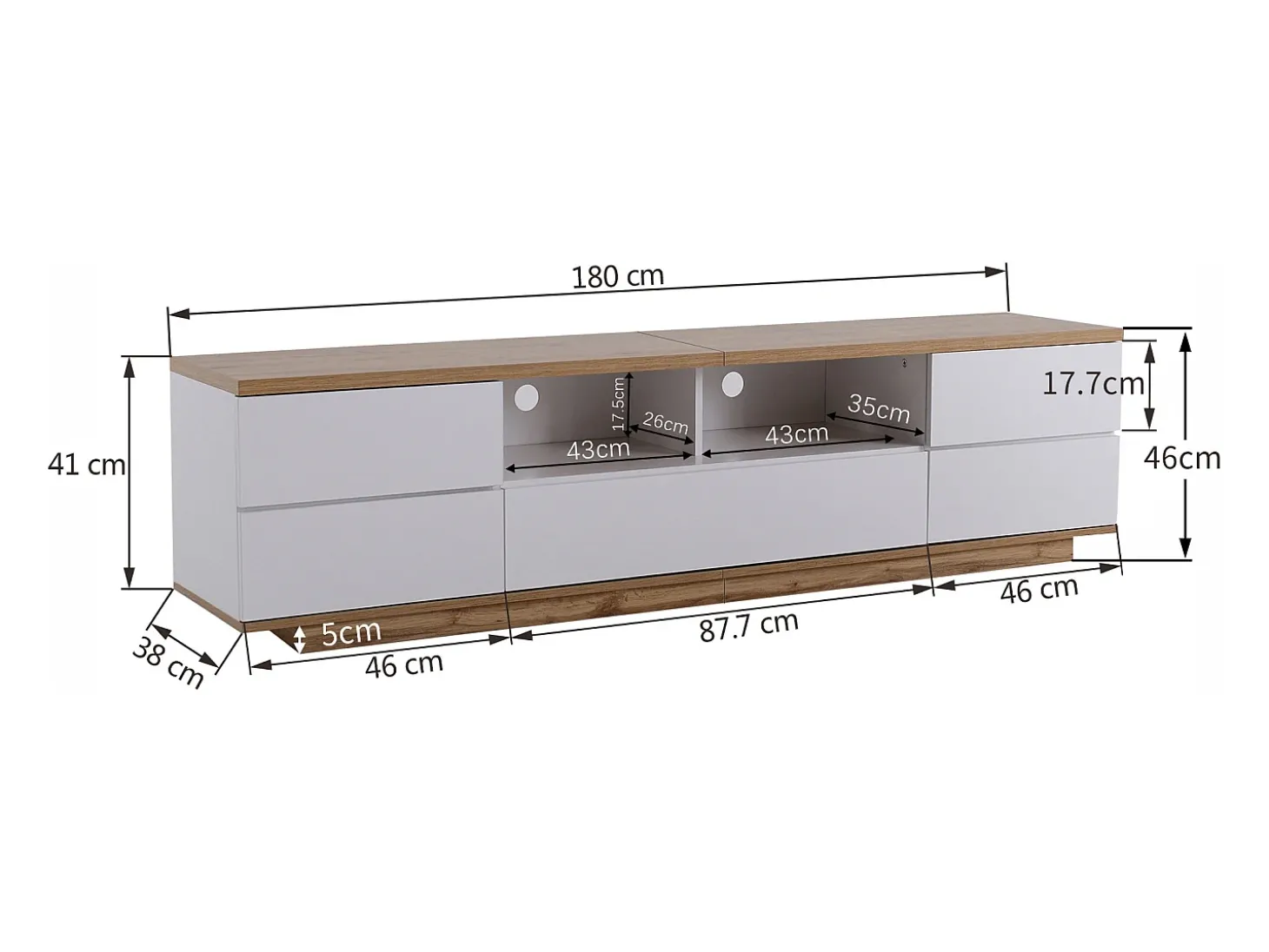 Móvel TV escandinavo contemporâneo 180 cm em madeira - 5 portas + 8 compartimentos - Natural e Branco