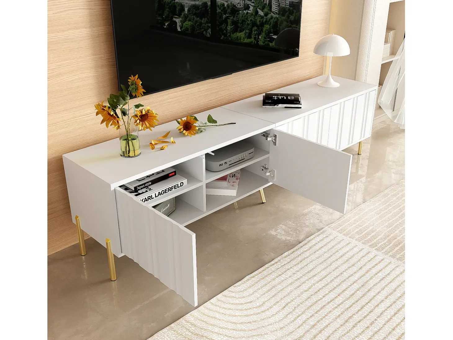 Móvel TV L 190cm - 4 portas e 8 prateleiras - estilo moderno - Branco