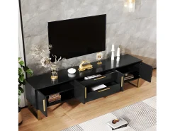 Móvel TV L 170cm - aspecto brilhante - 4 portas texturadas gravadas com puxadores dourados - Preto