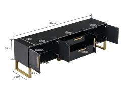 Móvel TV L 170cm - aspecto brilhante - 4 portas texturadas gravadas com puxadores dourados - Preto