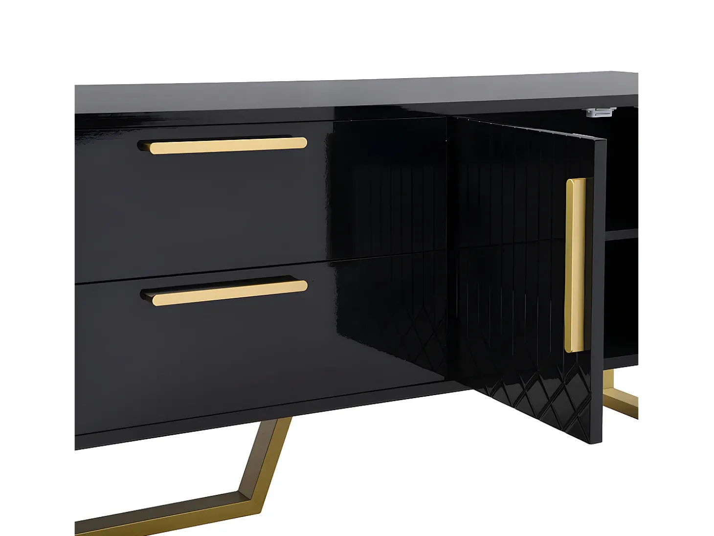 Móvel TV L 170cm - aspecto brilhante - 4 portas texturadas gravadas com puxadores dourados - Preto