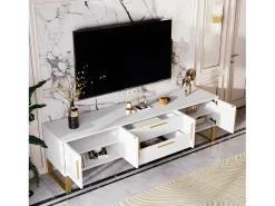 Móvel TV L 170cm - aspecto brilhante - 4 portas texturadas gravadas com puxadores dourados - Branco