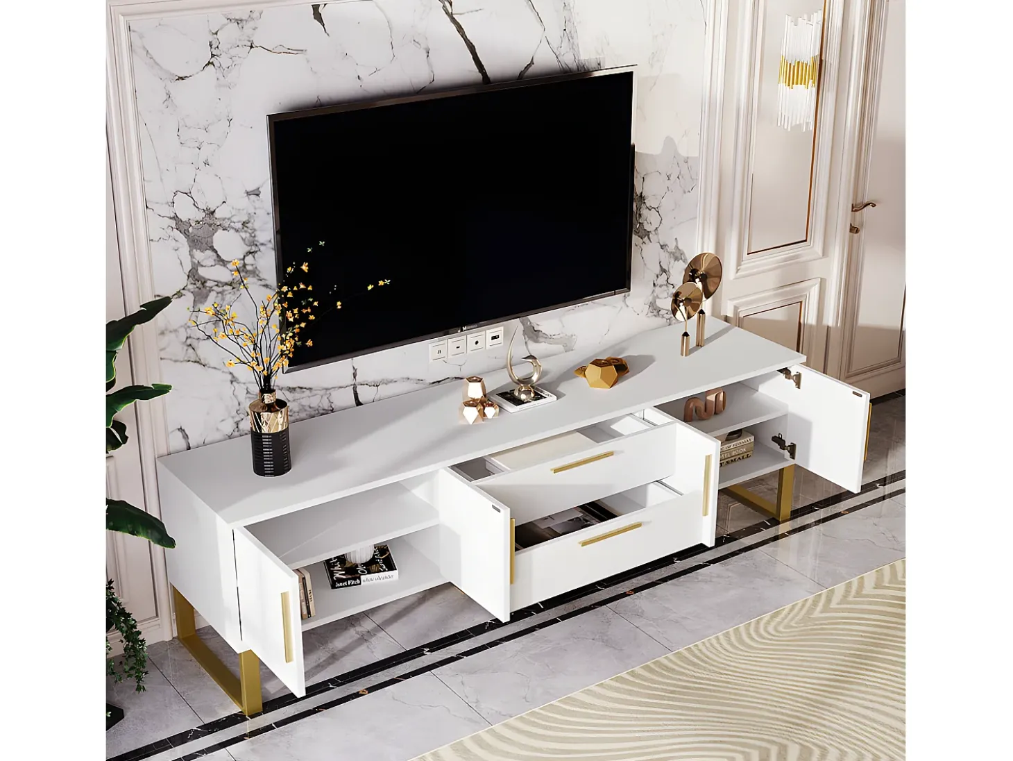 Móvel TV L 170cm - aspecto brilhante - 4 portas texturadas gravadas com puxadores dourados - Branco