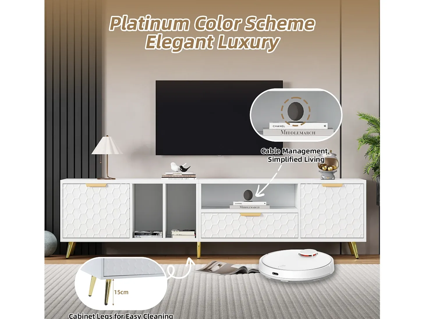 Móvel TV moderno 180 cm - 1 gaveta + 2 portas + 3 compartimentos - Branco