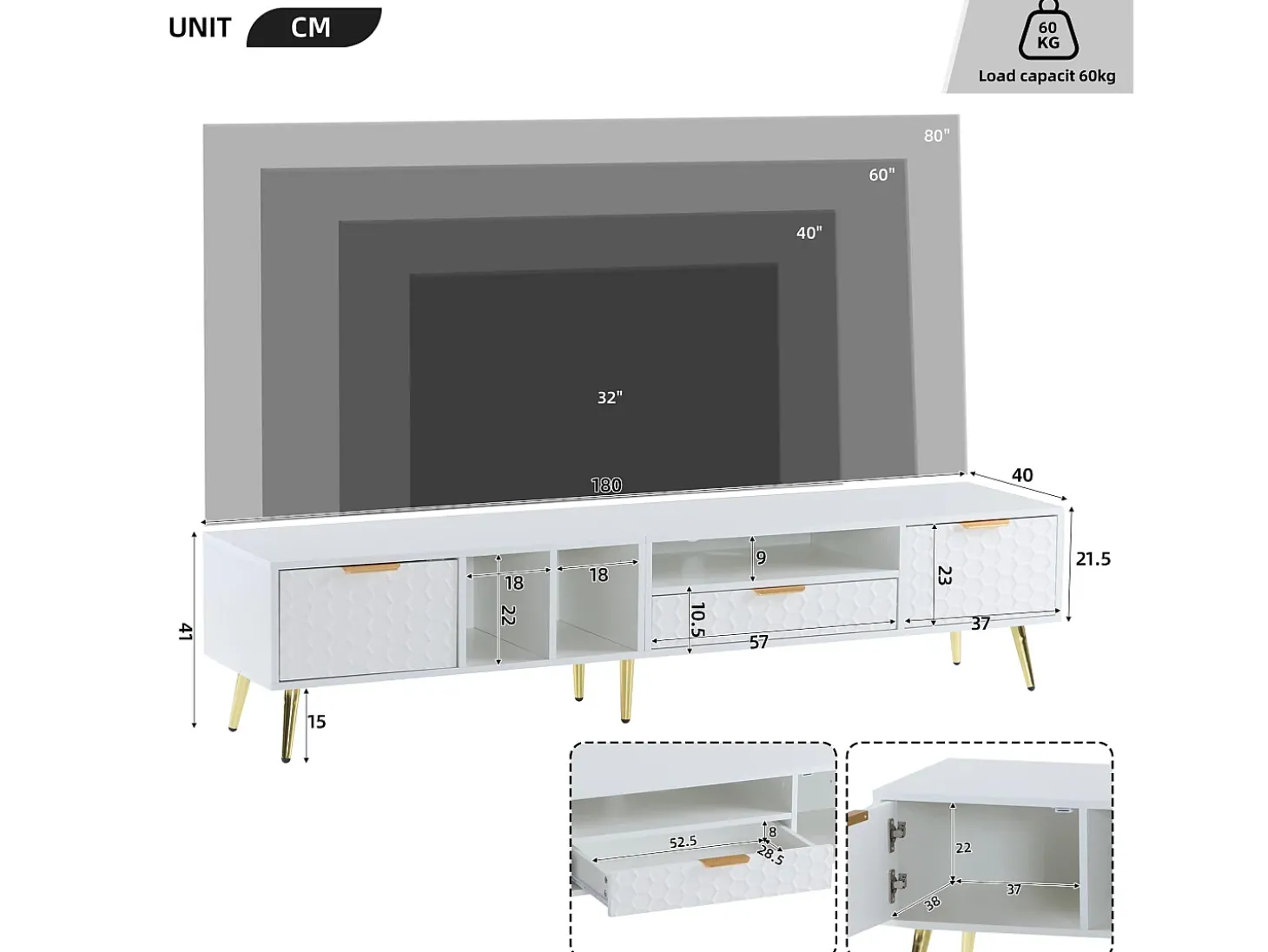 Móvel TV moderno 180 cm - 1 gaveta + 2 portas + 3 compartimentos - Branco