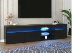 Móvel TV moderno 180cm com LED - 3 portas e 5 compartimentos abertos - Preto