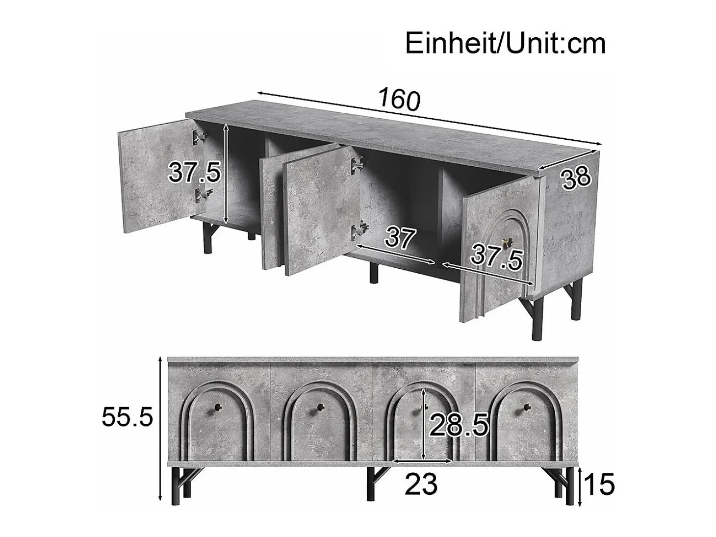 Móvel TV moderno de 4 portas - Cinzento, 160 cm - Design elegante, dobradiças de fecho suave