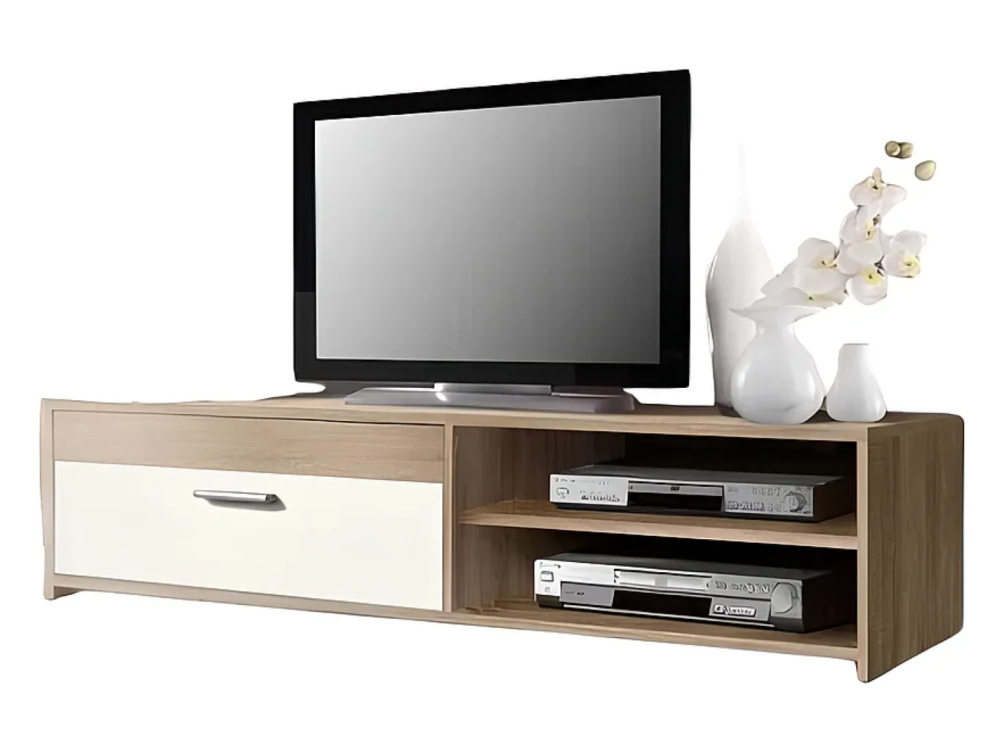 Móvel TV Pilvi 120 cm melaminado carvalho Sonoma e branco, 1 abatível, 2 nichos, design contemporâneo