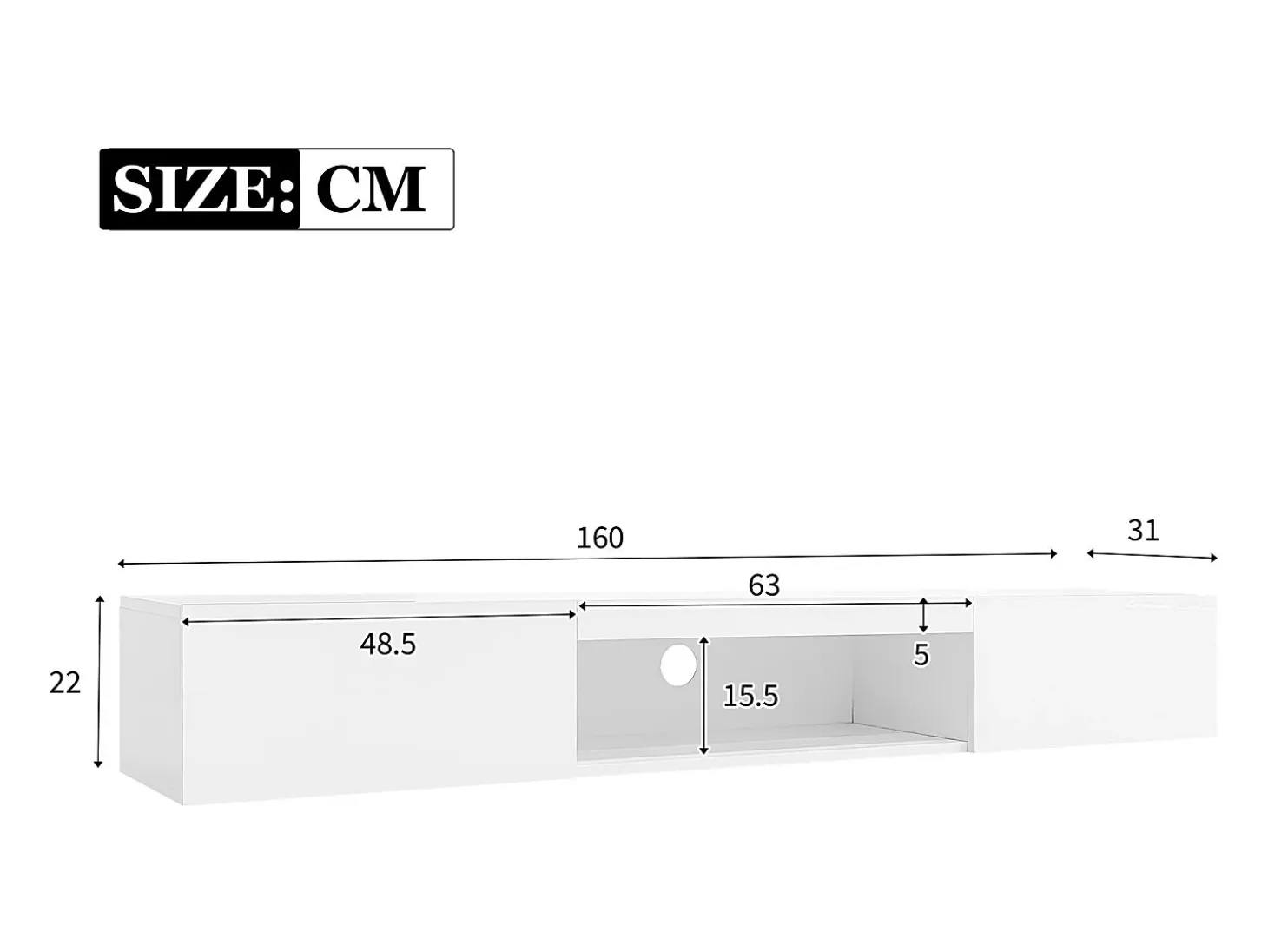Móvel TV suspenso 160cm - 1 compartimento aberto e 2 portas articuladas - aspecto brilhante - Branco