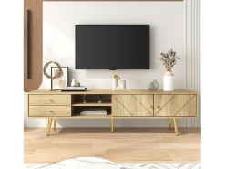 Móvel TV 160x36x42cm - com 2 gavetas e 2 portas - pés dourados - Natural
