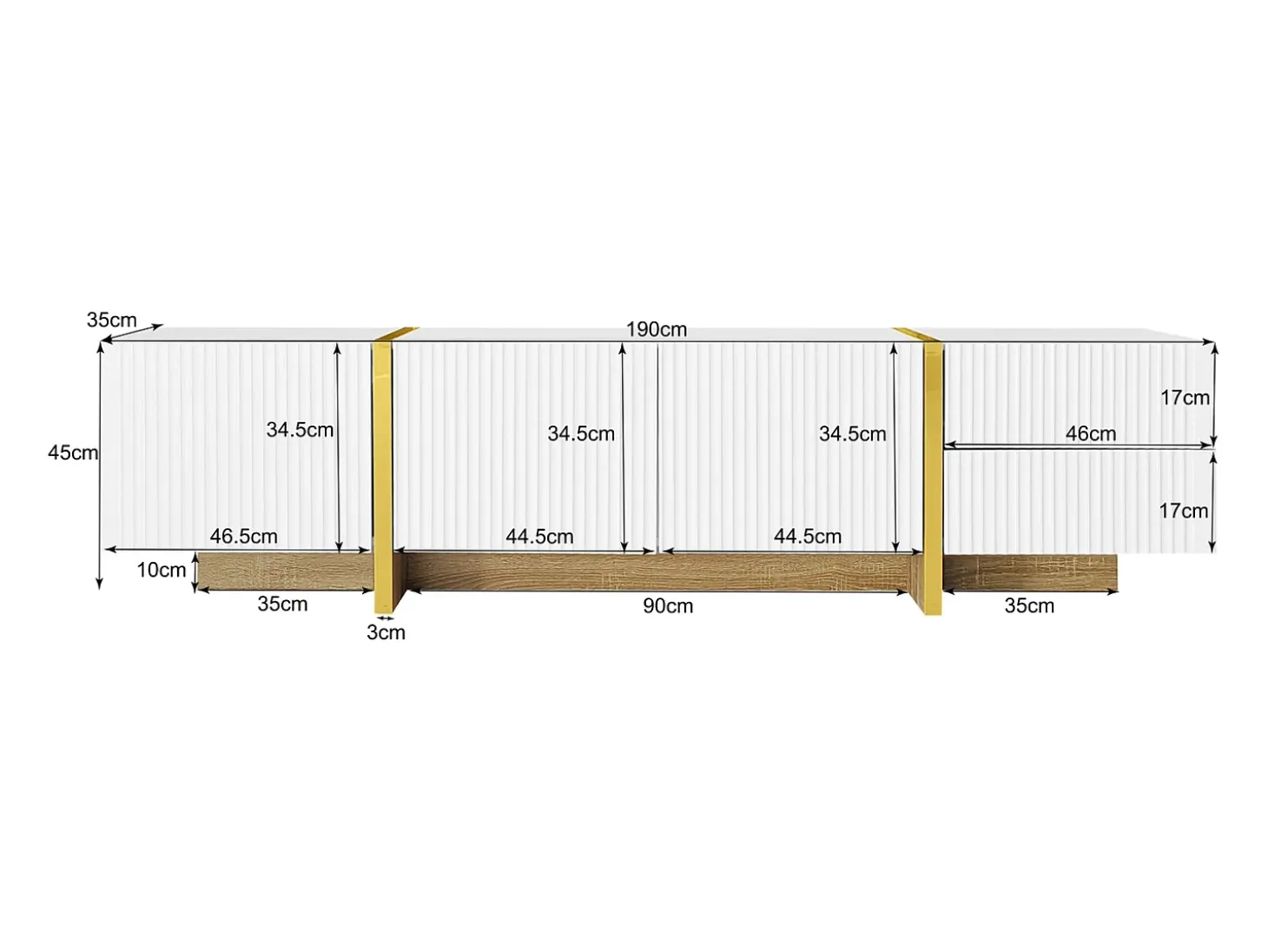 Móvel TV 190x35x45cm - com 3 portas 2 gavetas - grão dourado e madeira - MDF+PB - Branco+Dourado