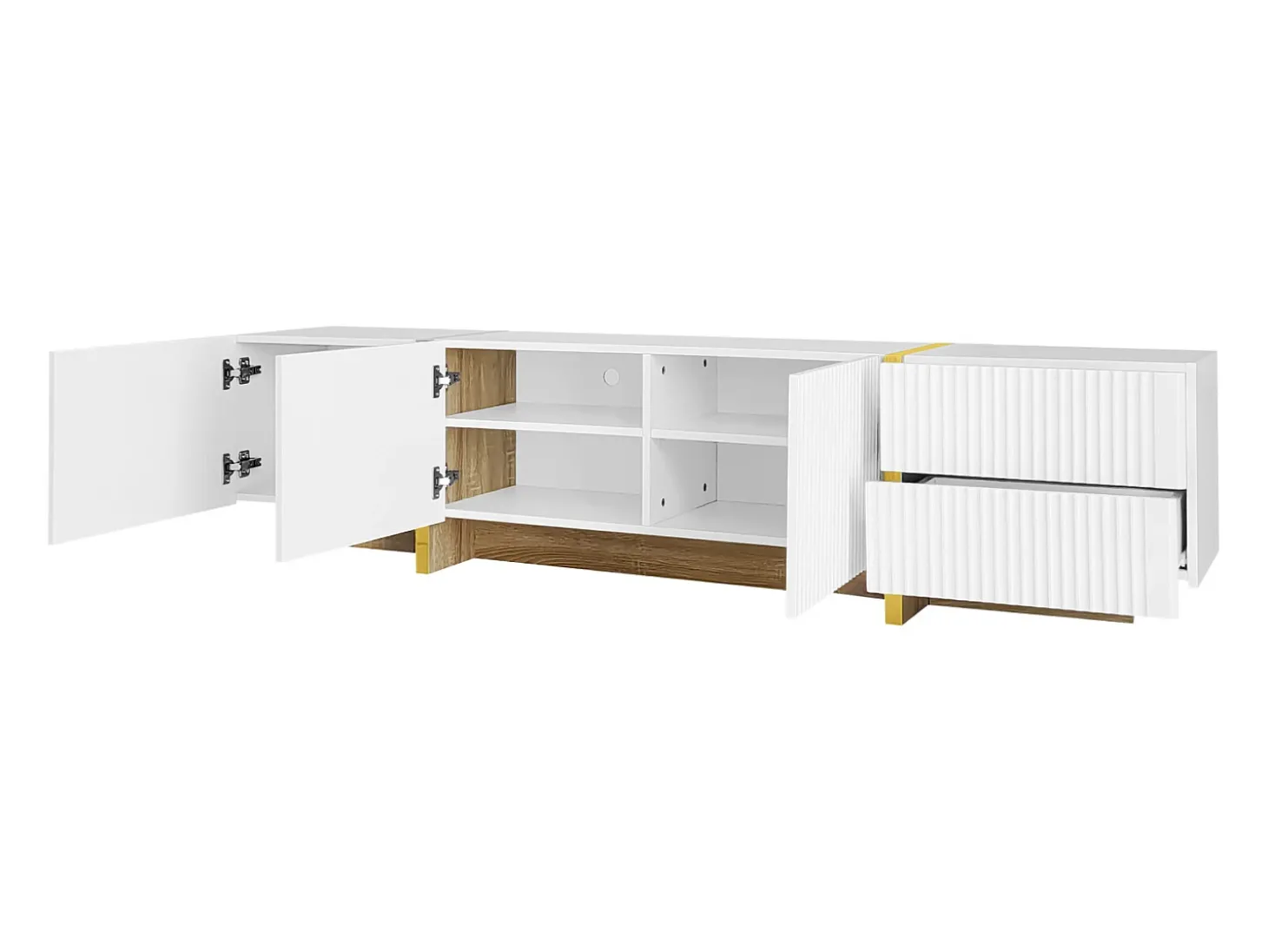 Móvel TV 190x35x45cm - com 3 portas 2 gavetas - grão dourado e madeira - MDF+PB - Branco+Dourado