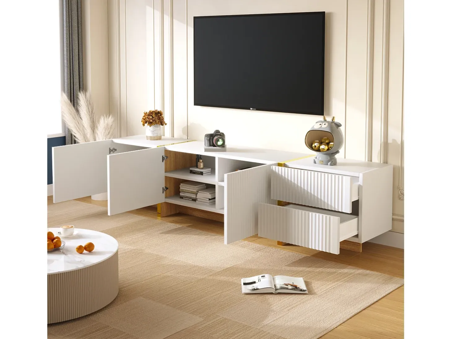 Móvel TV 190x35x45cm - com 3 portas 2 gavetas - grão dourado e madeira - MDF+PB - Branco+Dourado