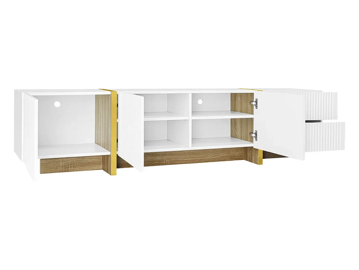 Móvel TV 190x35x45cm - com 3 portas 2 gavetas - grão dourado e madeira - MDF+PB - Branco+Dourado
