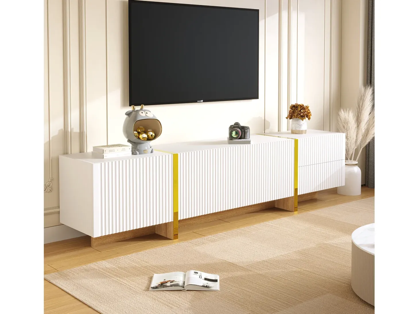 Móvel TV 190x35x45cm - com 3 portas 2 gavetas - grão dourado e madeira - MDF+PB - Branco+Dourado