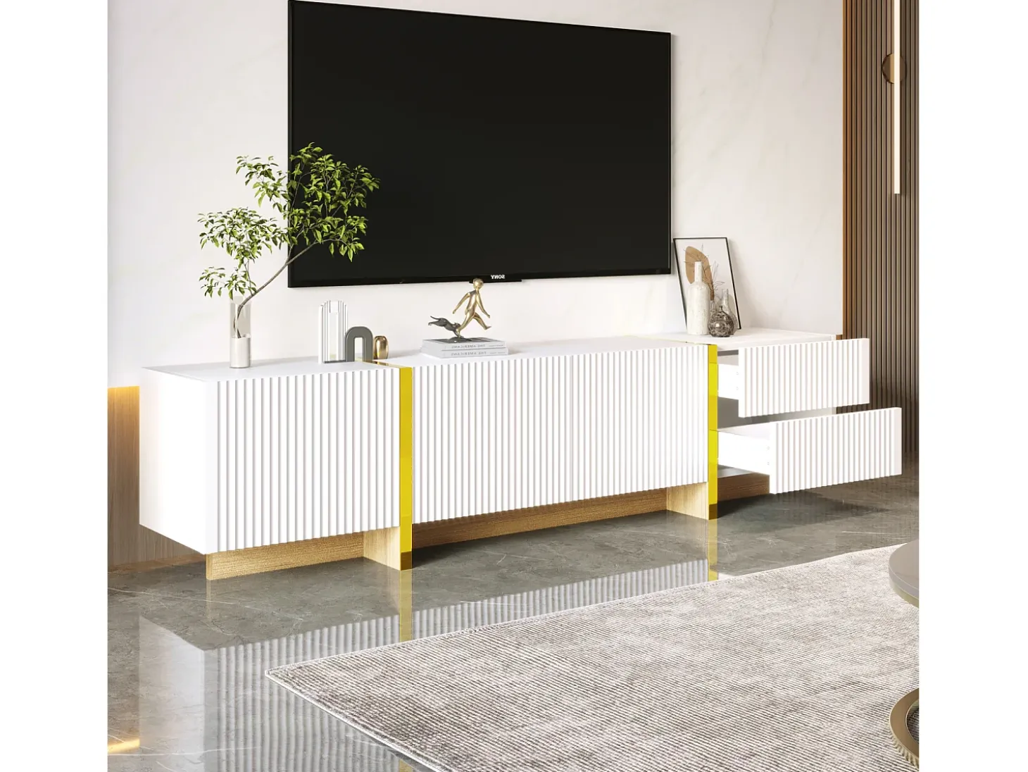 Móvel TV 190x35x45cm - com 3 portas 2 gavetas - grão dourado e madeira - MDF+PB - Branco+Dourado