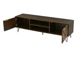 Móvel TV 160x38x47cm - Móvel TV 2 portas em folheado de madeira maciça com 2 compartimentos, puxadores dourados e pés em ferro - castanho