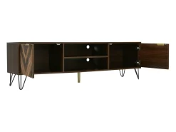 Móvel TV 160x38x47cm - Móvel TV 2 portas em folheado de madeira maciça com 2 compartimentos, puxadores dourados e pés em ferro - castanho