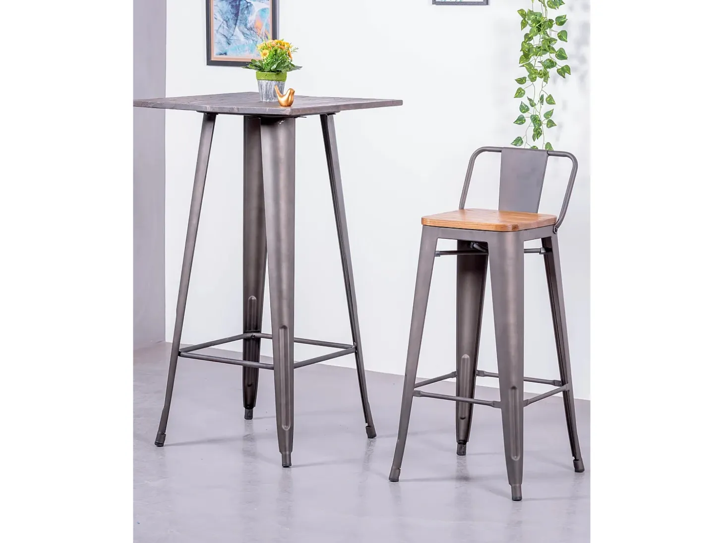 Pack de 4 bancos metálicos com assentos de madeira - Bistro - Antiguidade