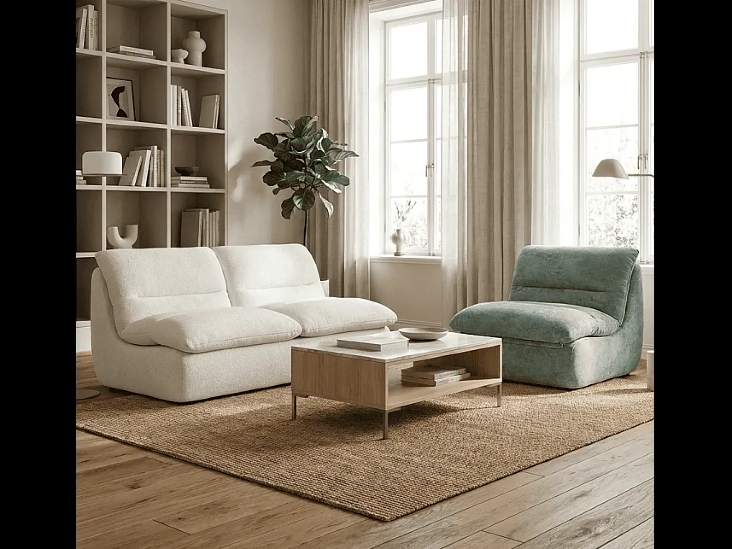 Pack Nuvia Living 3 lugares - branco e sálvia