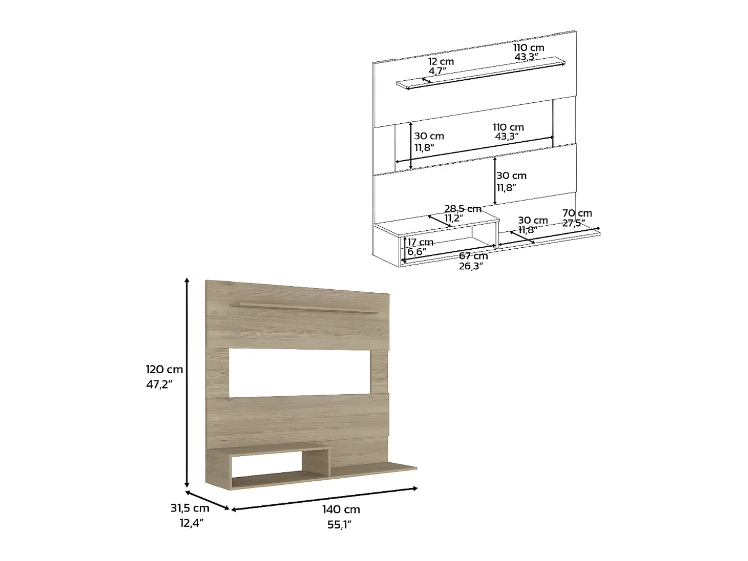 Painel de entretenimento de parede de Pequim com prateleira superior , 119.88 cm X 139.7 cm X 31.49 cm , Bege