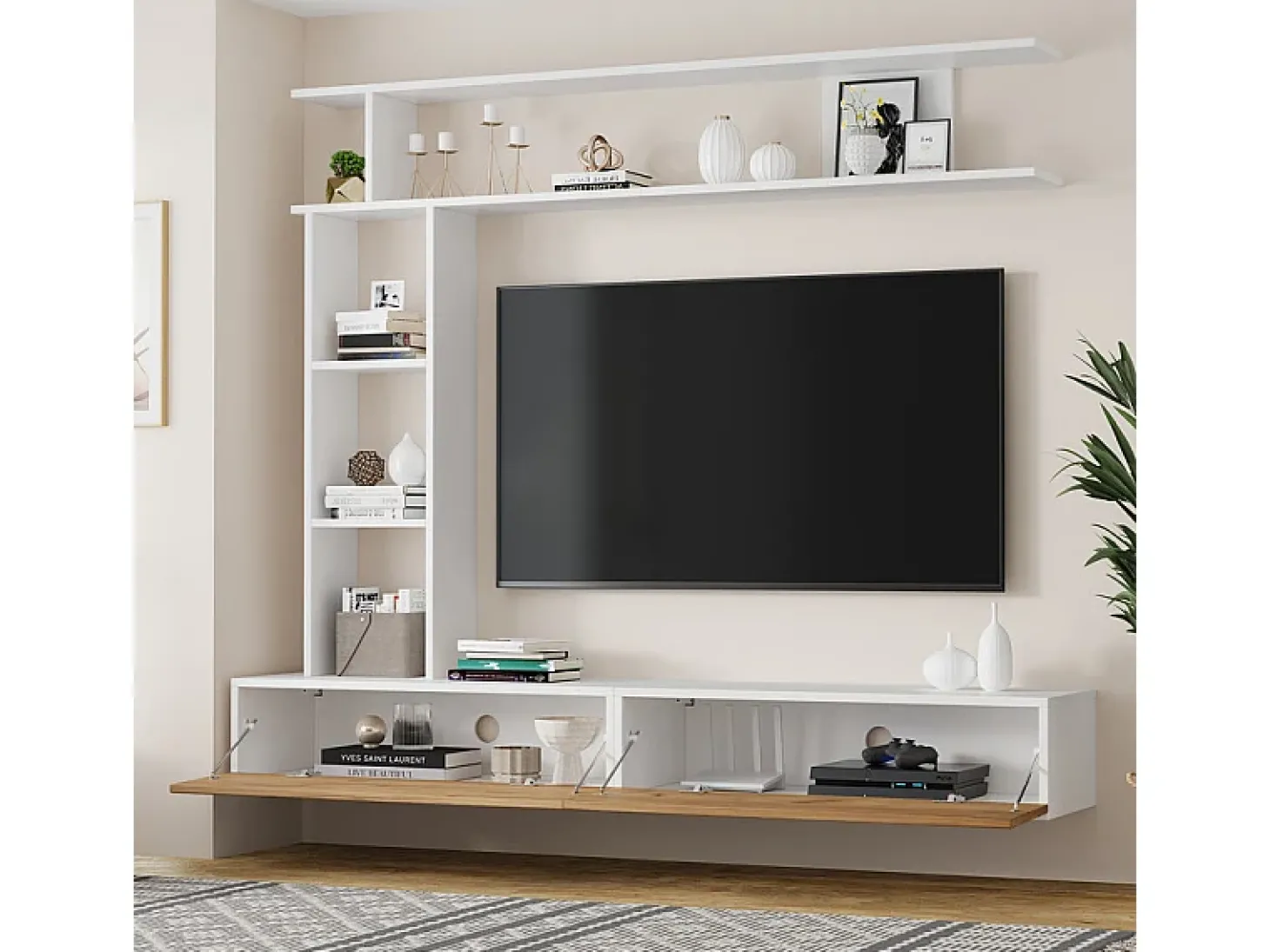 Parede TV com Armazenamento - 2 Portas - Instalação em Pé ou Pendurada - Adequado para TV abaixo de 80" - Carvalho e Branco