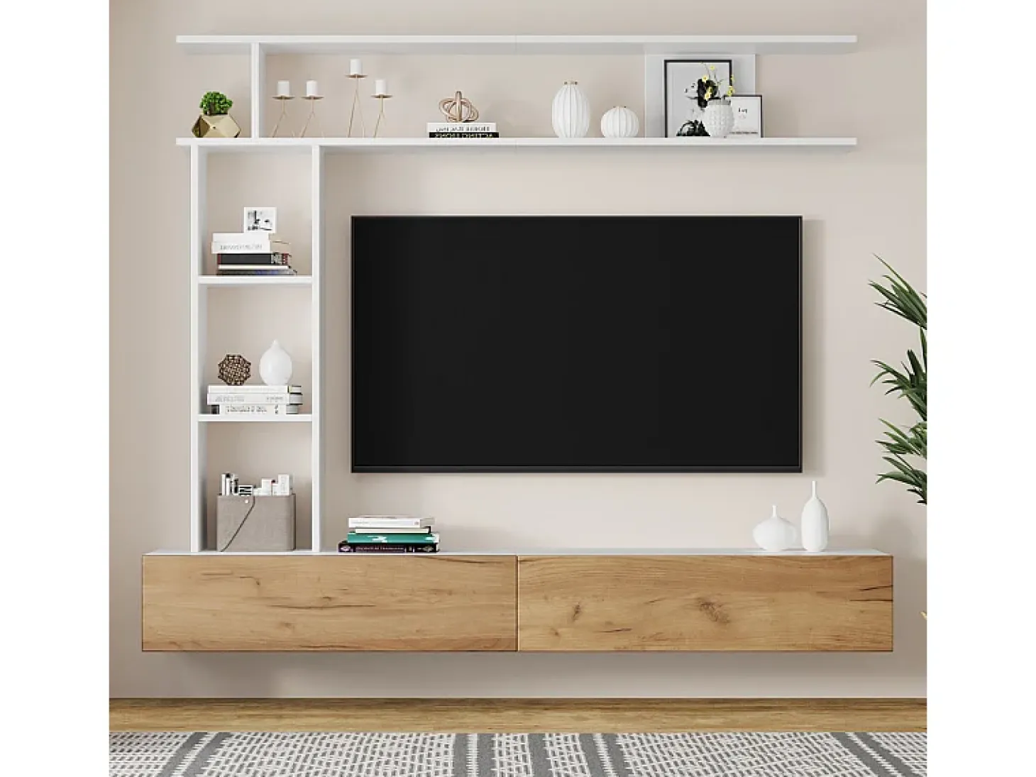 Parede TV com Armazenamento - 2 Portas - Instalação em Pé ou Pendurada - Adequado para TV abaixo de 80" - Carvalho e Branco