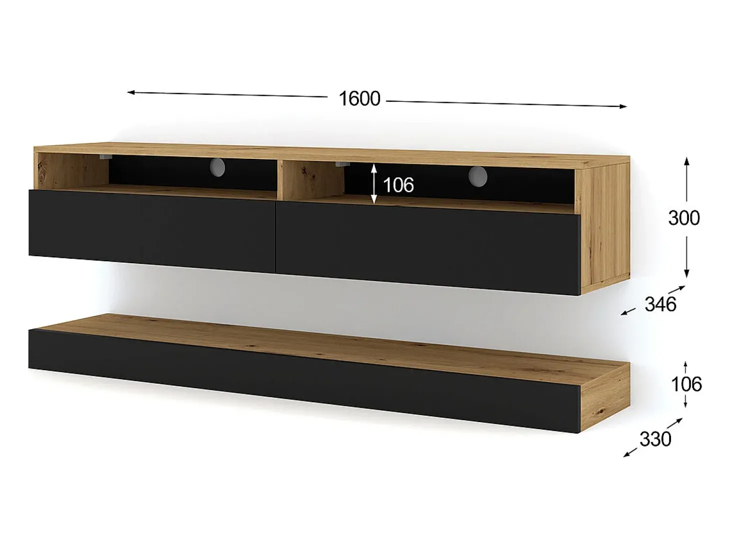 Parede TV Vega Madeira e Preto com 2 portas 160 cm