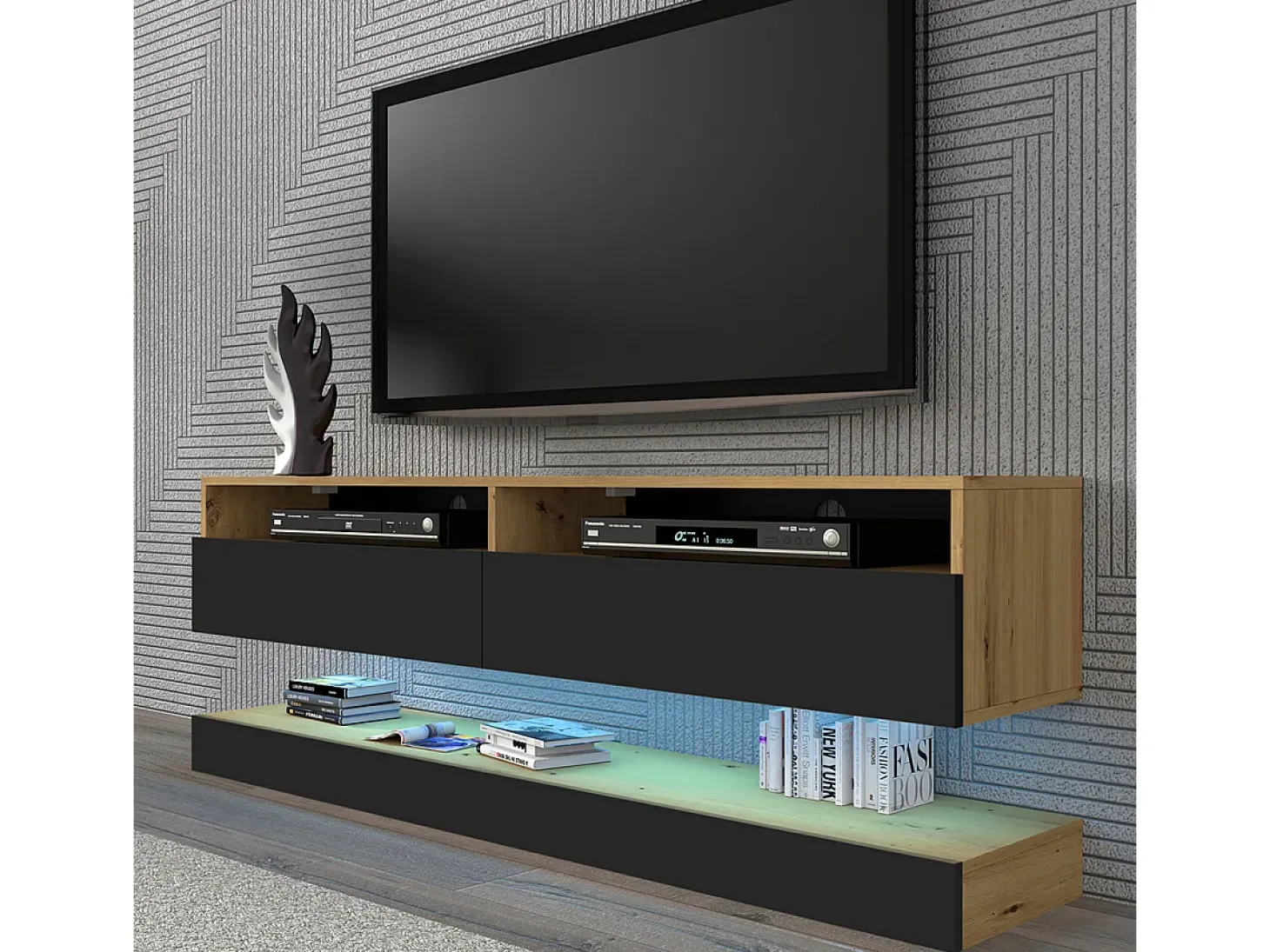 Parede TV Vega Madeira e Preto com 2 portas 160 cm
