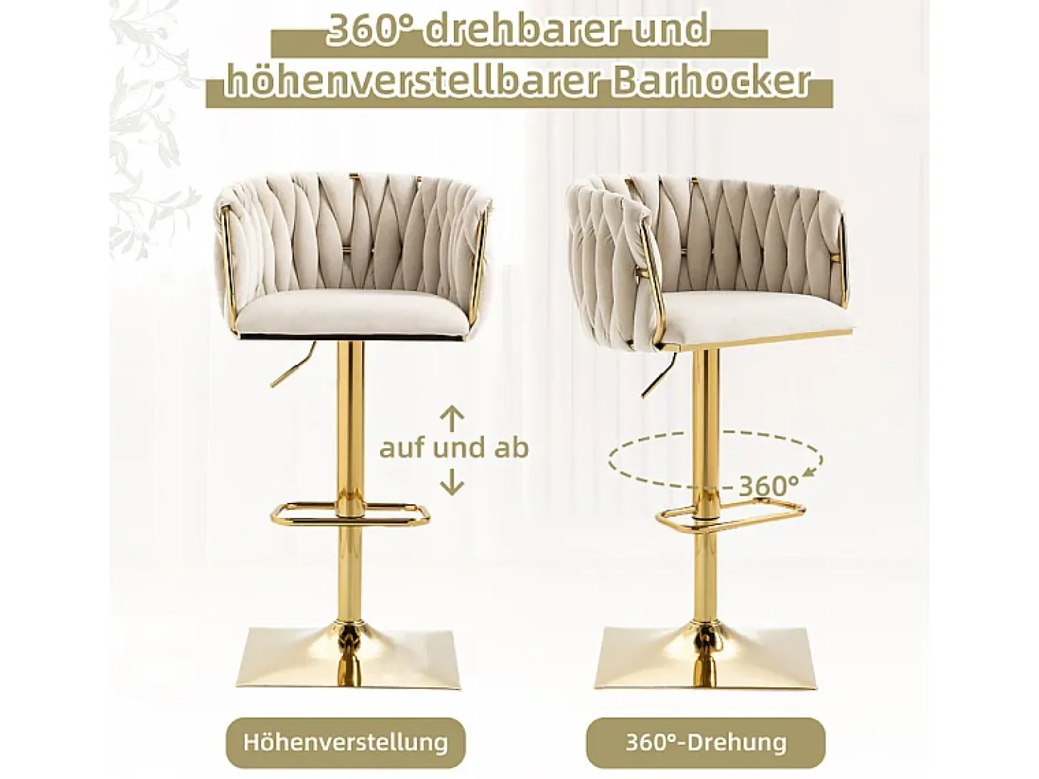 2Pcs Banquetas de bar em veludo - altura ajustável - giratório 360° - com descanso para pés - 53x51x87/105cm - Bege