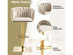 2Pcs Banquetas de bar em veludo - altura ajustável - giratório 360° - com descanso para pés - 53x51x87/105cm - Bege