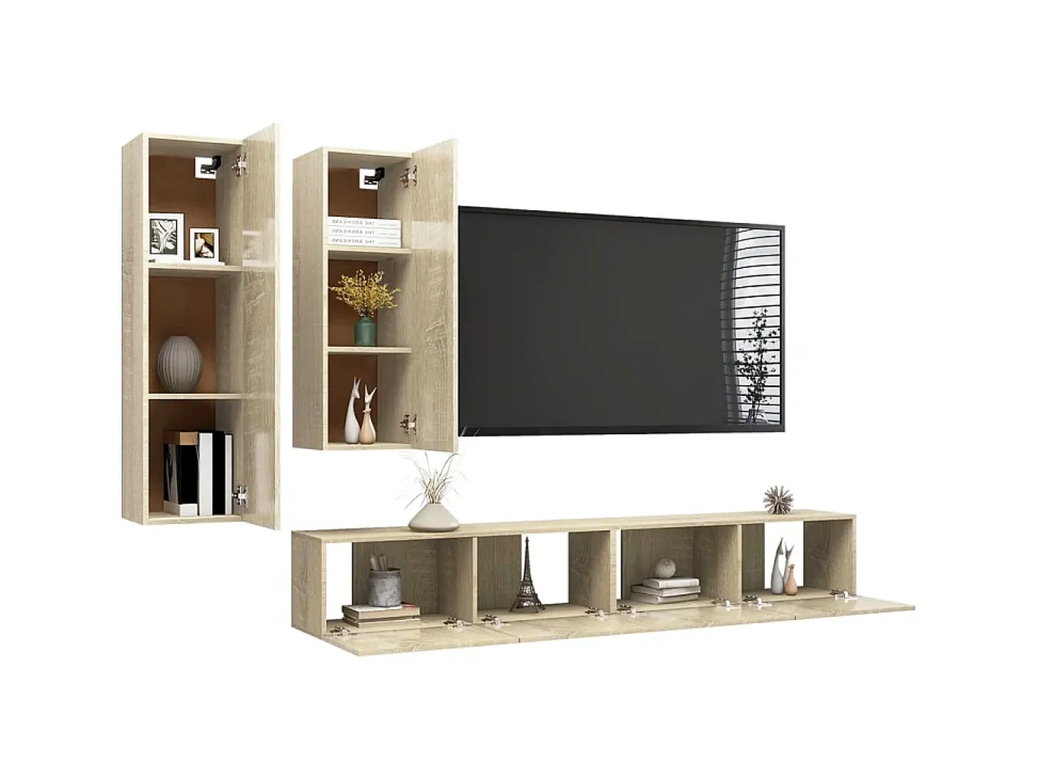 4pcs conjunto de móveis de TV contraplacado cor carvalho sonoma PT794071