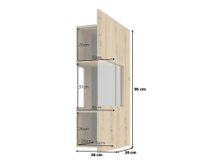 Pequena vitrine suspensa com 1 porta parcialmente envidraçada da coleção EVA. Cor carvalho e preto.
