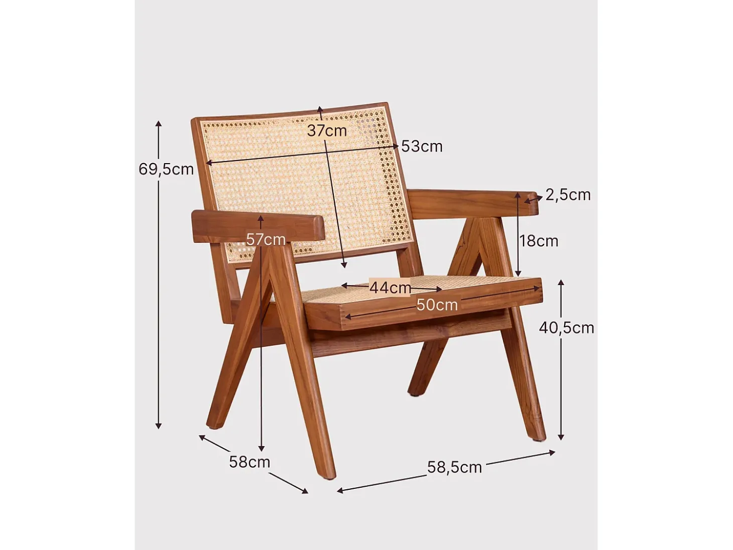 Poltrona clássica com braços em madeira de teca e rattan natural - Compass - Preto