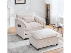 Poltrona com apoio para os pés e almofada com espaço de arrumação - Tecido chenille - Bege