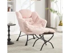Poltrona com apoio para os pés - Estrutura em aço - Tecido rosa