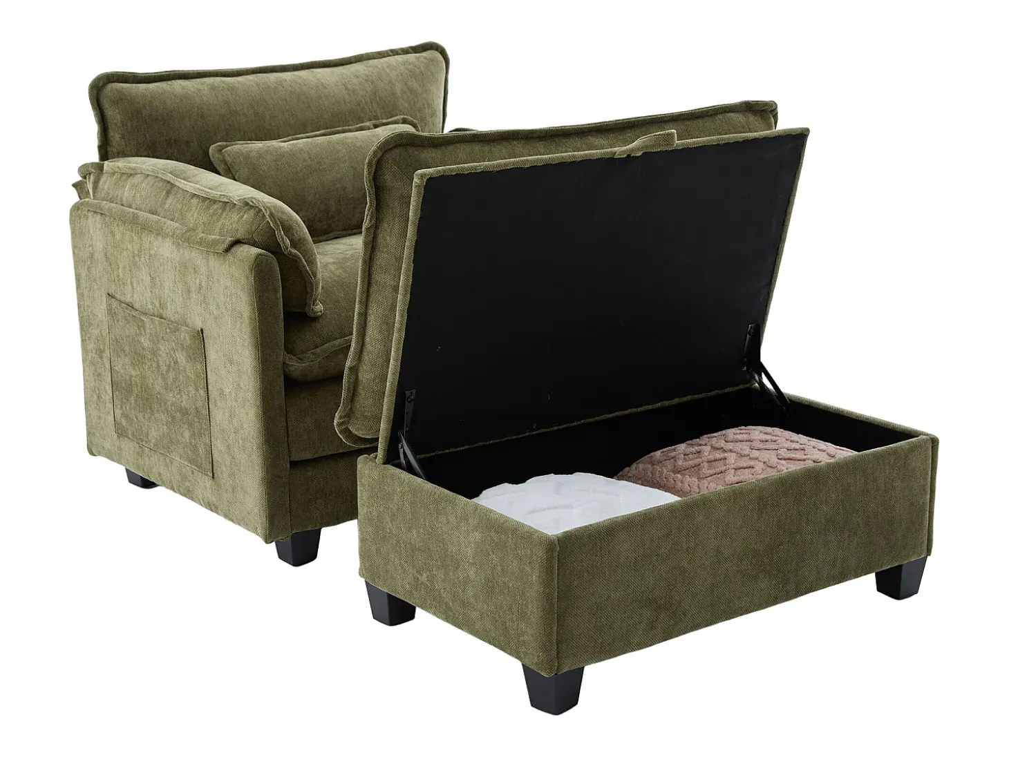 Poltrona com apoio para os pés e almofada com espaço de arrumação - Tecido chenille - Verde azeitona