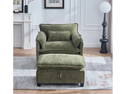 Poltrona com apoio para os pés e almofada com espaço de arrumação - Tecido chenille - Verde azeitona