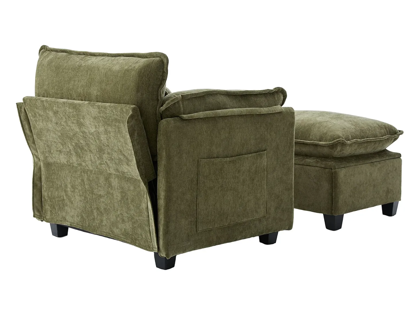 Poltrona com apoio para os pés e almofada com espaço de arrumação - Tecido chenille - Verde azeitona